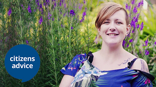 woman in flowers text says citizens advice